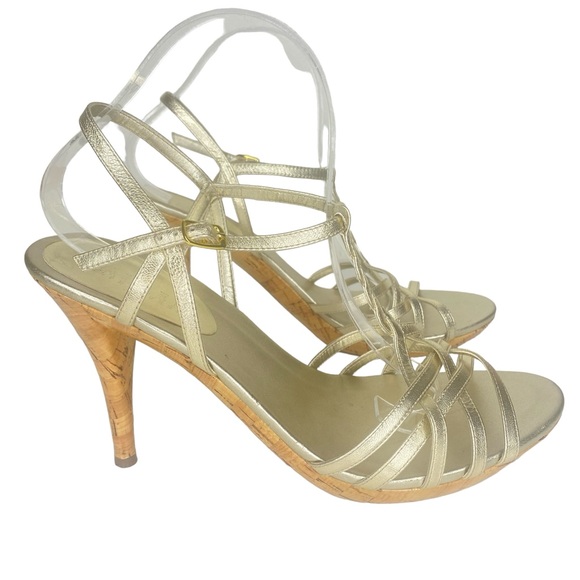 Lauren Ralph Lauren Trina Gold Metallic Multi T strap cork sole heel size 9 - Picture 5 of 10